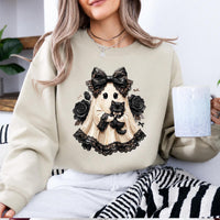 Vintage Black Cat Ghost Halloween Sweatshirt, Cute Spooky Ghost Kitty Graphic Crewneck, Gothic Leopard Bow Design, Funny Halloween Gift for Cat Lovers, Cozy Fall Pullover, Witchy Aesthetic Apparel