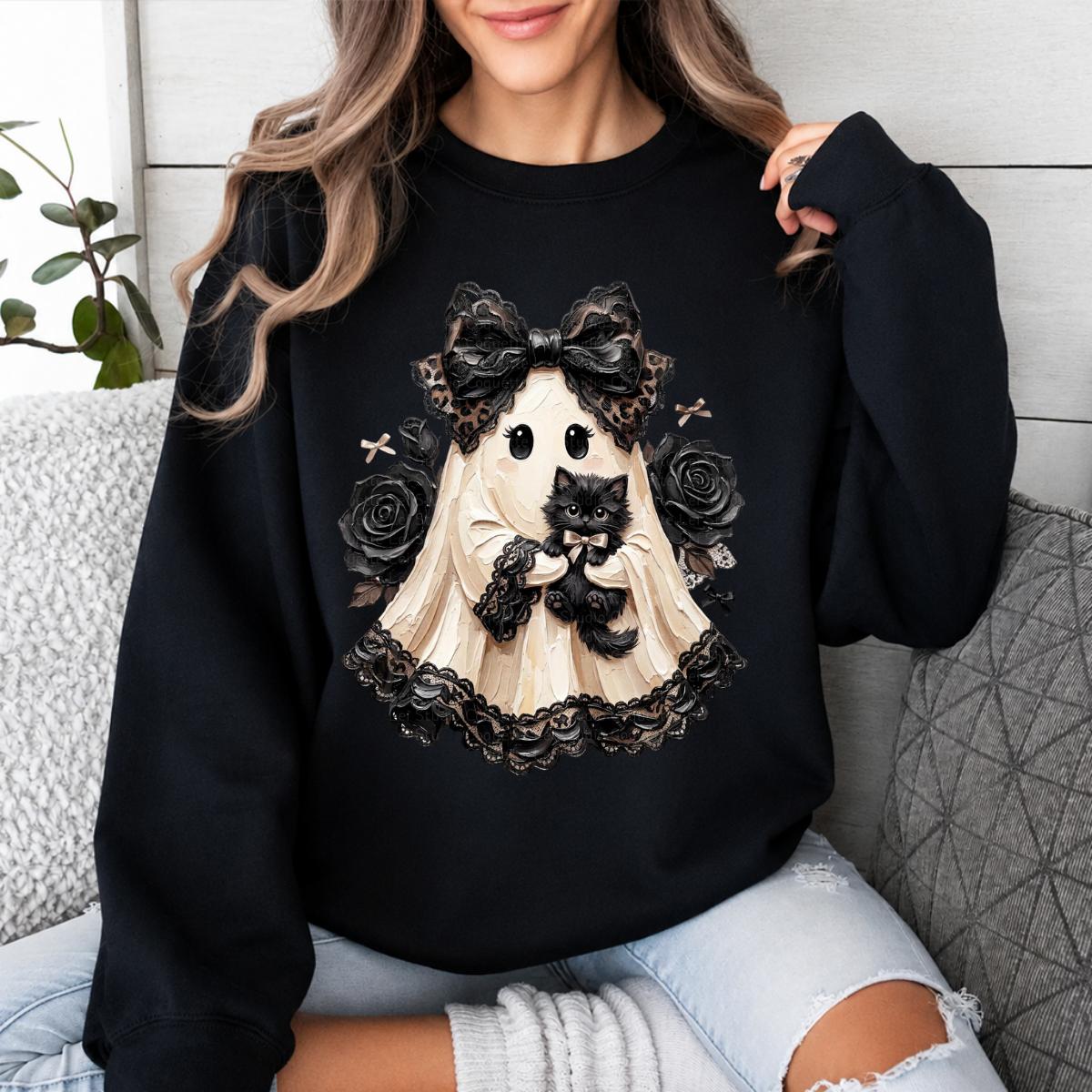 Vintage Black Cat Ghost Halloween Sweatshirt, Cute Spooky Ghost Kitty Graphic Crewneck, Gothic Leopard Bow Design, Funny Halloween Gift for Cat Lovers, Cozy Fall Pullover, Witchy Aesthetic Apparel