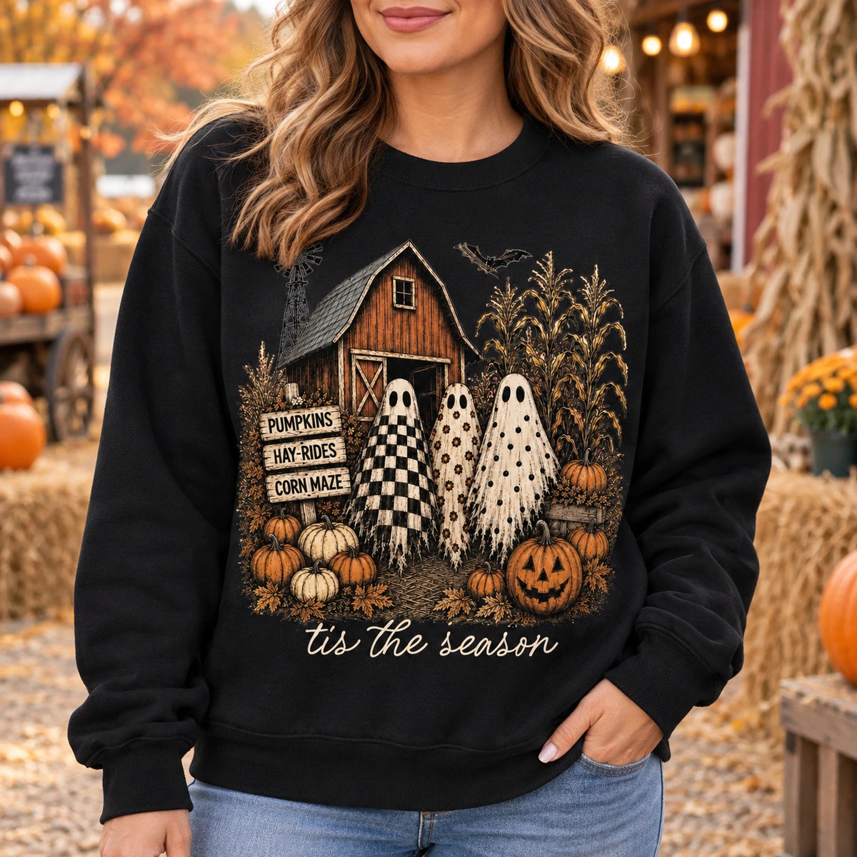 Vintage Farmhouse Ghost Trio Graphic Fall Top, Rustic Pumpkin Patch & Halloween Apparel