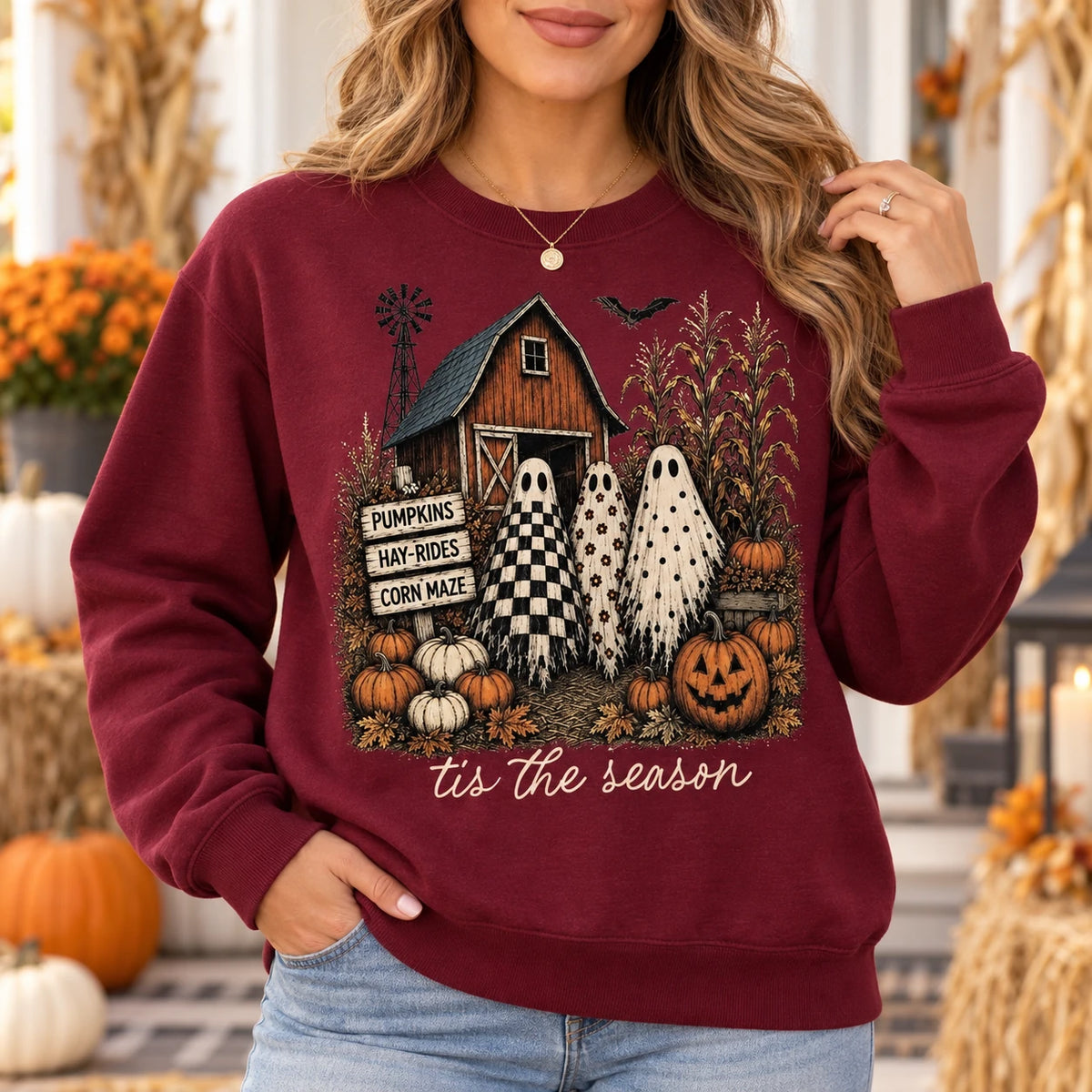 Vintage Farmhouse Ghost Trio Graphic Fall Top, Rustic Pumpkin Patch & Halloween Apparel