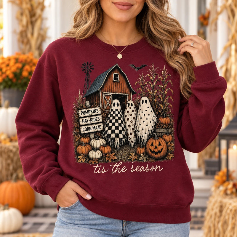 Vintage Farmhouse Ghost Trio Graphic Fall Top, Rustic Pumpkin Patch & Halloween Apparel