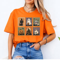 Vintage Halloween Postage Stamp Ghost Cat Pumpkin T-Shirt Spooky Season Women Retro Aesthetic