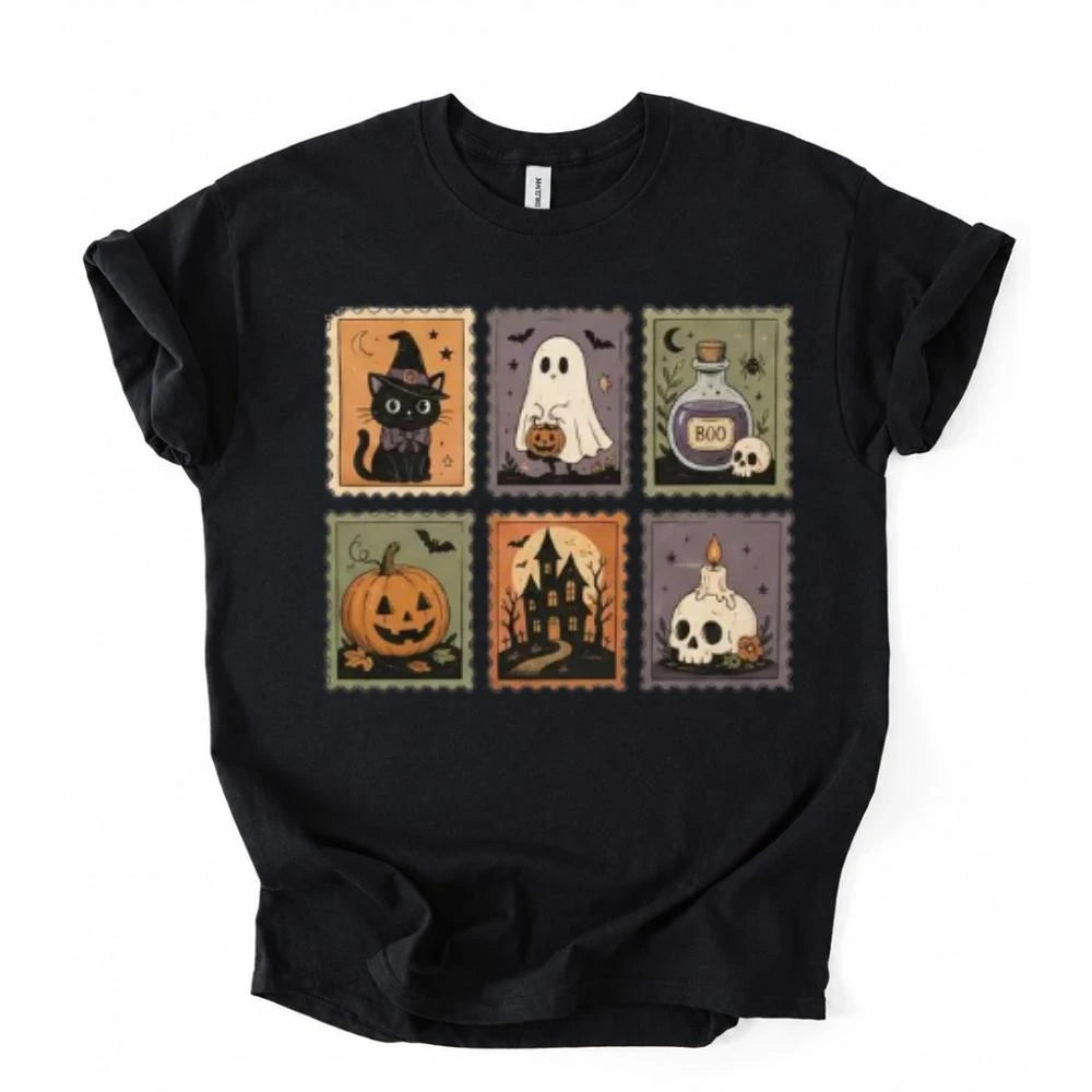 Vintage Halloween Postage Stamp Ghost Cat Pumpkin T-Shirt Spooky Season Women Retro Aesthetic