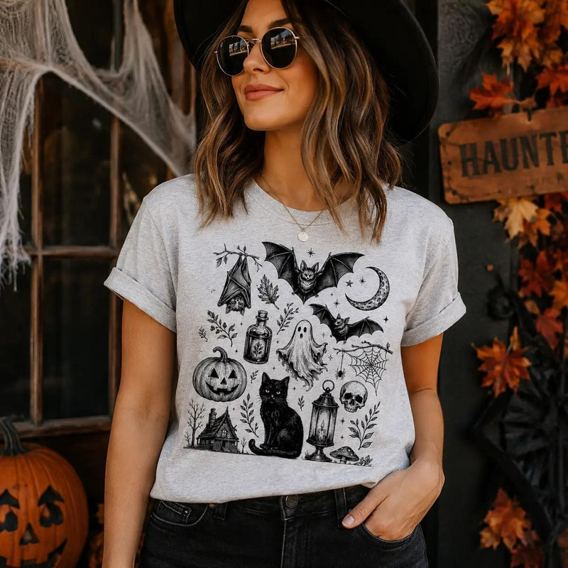 Vintage Halloween Spooky Tattoo Flash T-Shirt Halloween Fall Women Goth Witchy Retro