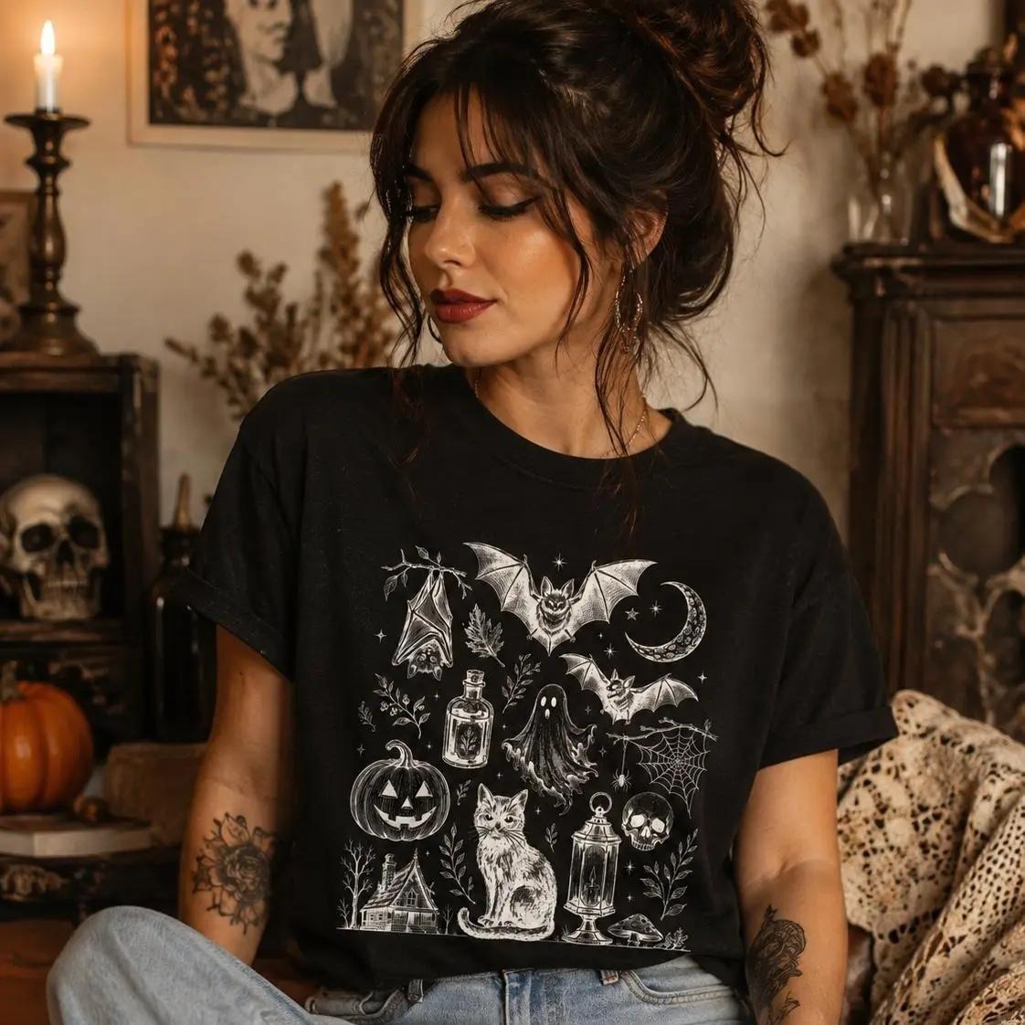 Vintage Halloween Spooky Tattoo Flash T-Shirt Halloween Fall Women Goth Witchy Retro