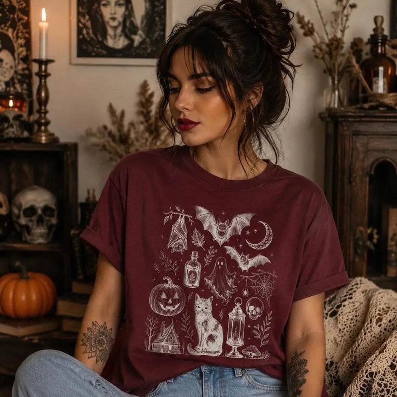 Vintage Halloween Spooky Tattoo Flash T-Shirt Halloween Fall Women Goth Witchy Retro