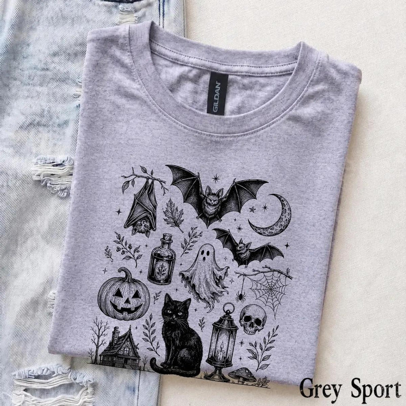 Vintage Halloween Spooky Tattoo Flash T-Shirt Halloween Fall Women Goth Witchy Retro