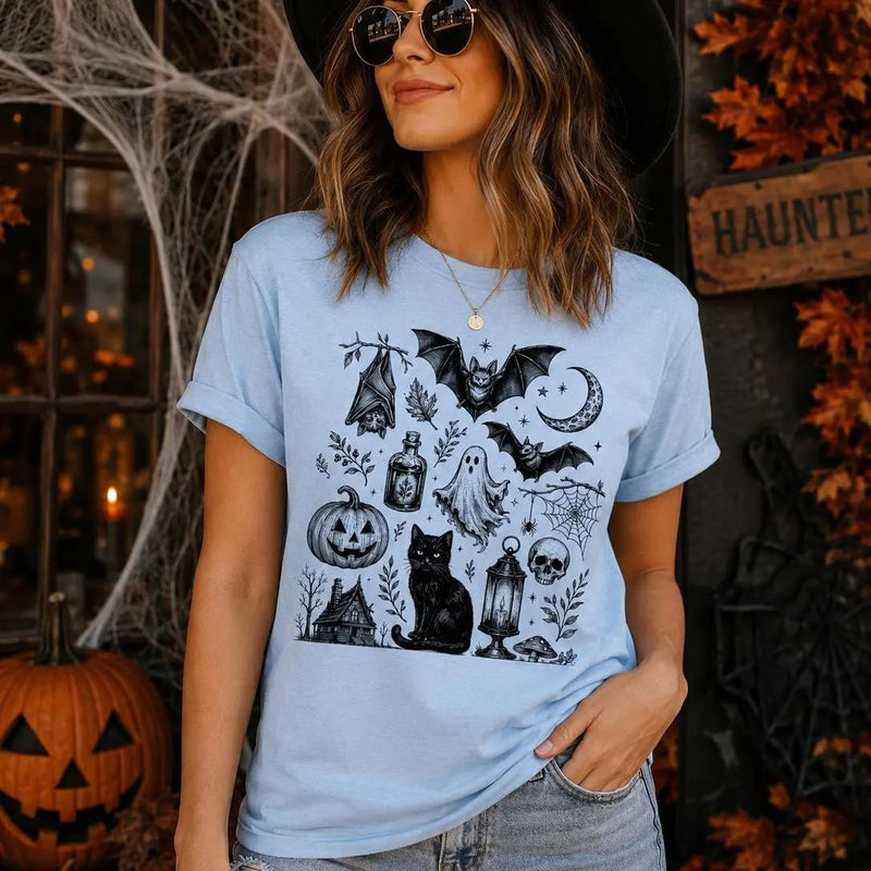 Vintage Halloween Spooky Tattoo Flash T-Shirt Halloween Fall Women Goth Witchy Retro