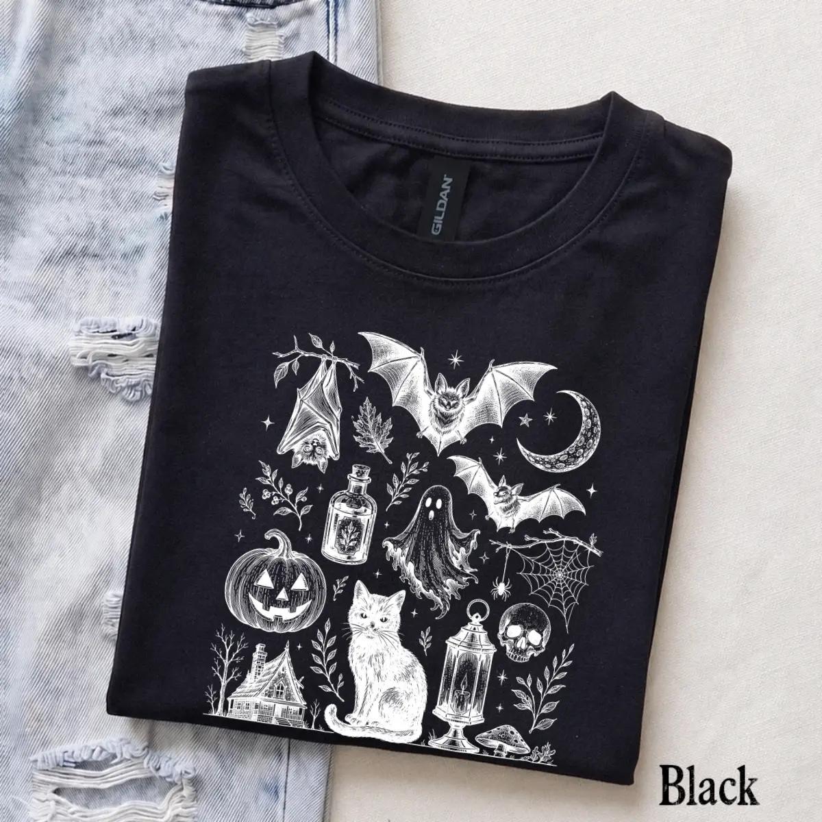 Vintage Halloween Spooky Tattoo Flash T-Shirt Halloween Fall Women Goth Witchy Retro