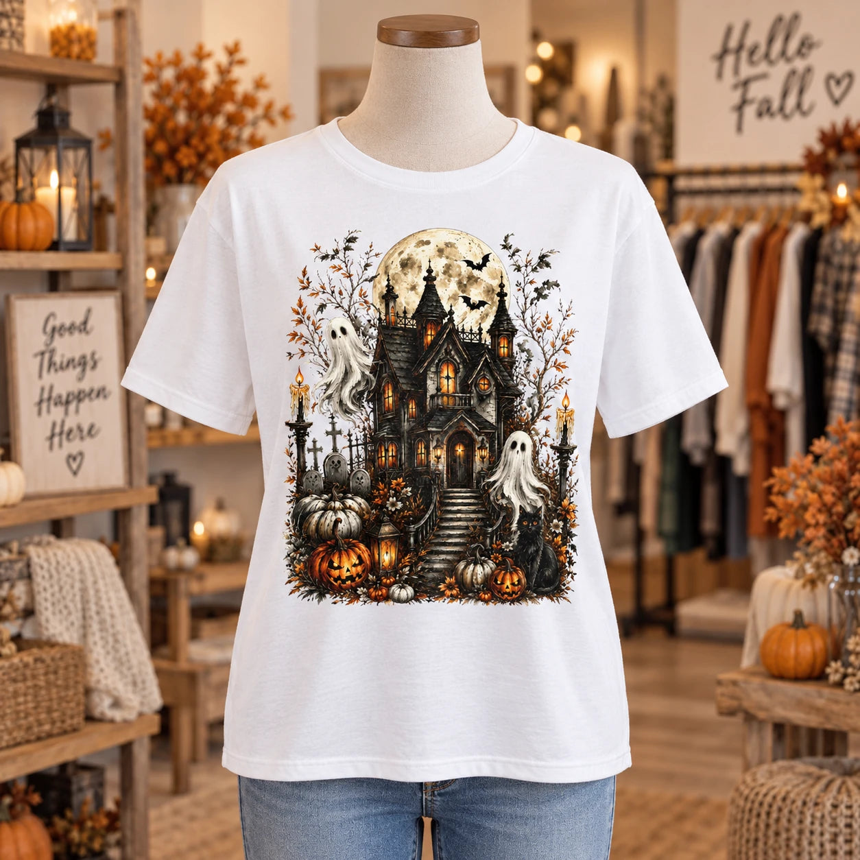Vintage Haunted Mansion Graphic Pullover Top Halloween Gothic Spooky Season Sweatshirt