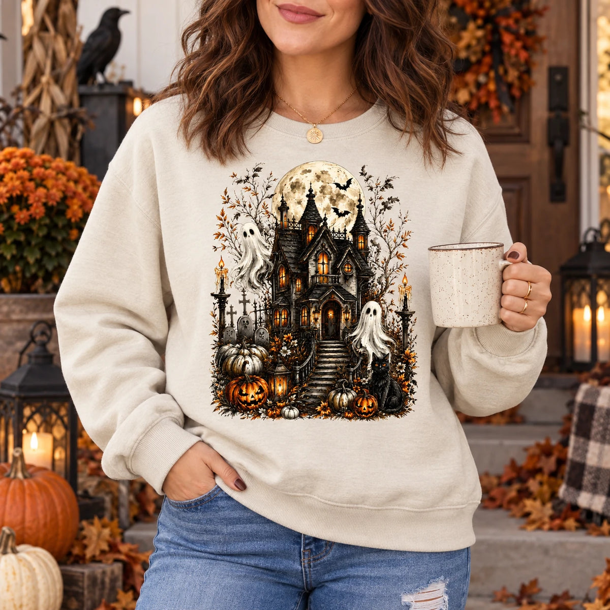 Vintage Haunted Mansion Graphic Pullover Top Halloween Gothic Spooky Season Sweatshirt
