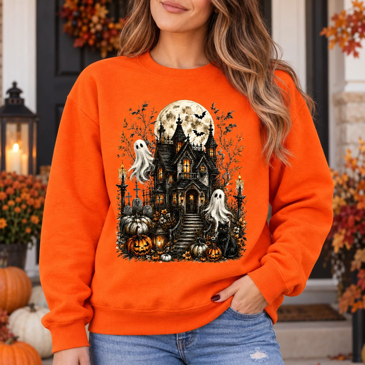 Vintage Haunted Mansion Graphic Pullover Top Halloween Gothic Spooky Season Sweatshirt