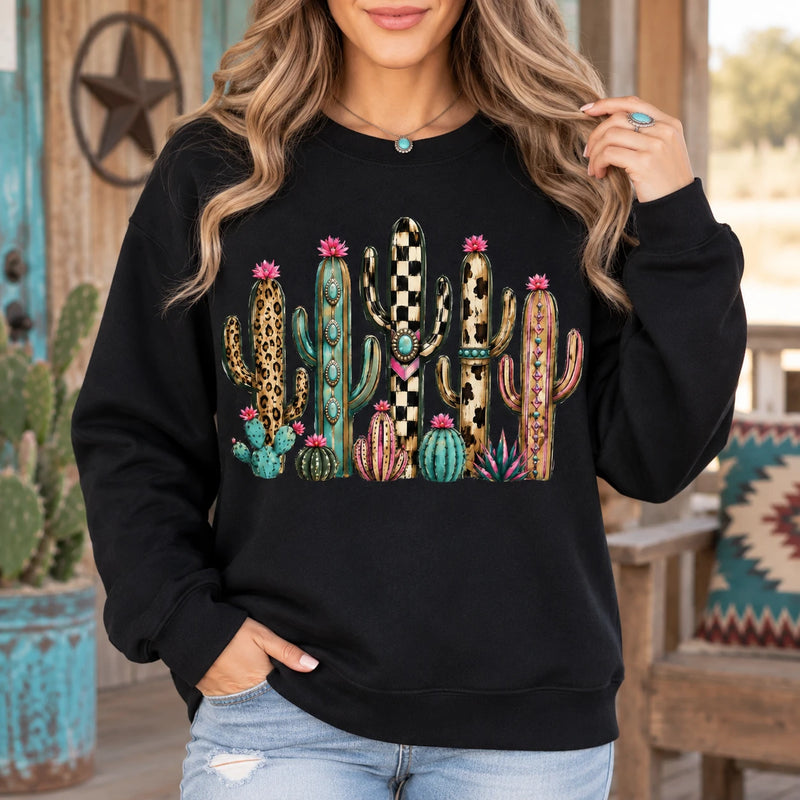 Western Cactus Graphic Crewneck Sweatshirt, Boho Leopard Cow Print Desert Pullover, Country Southwestern Top