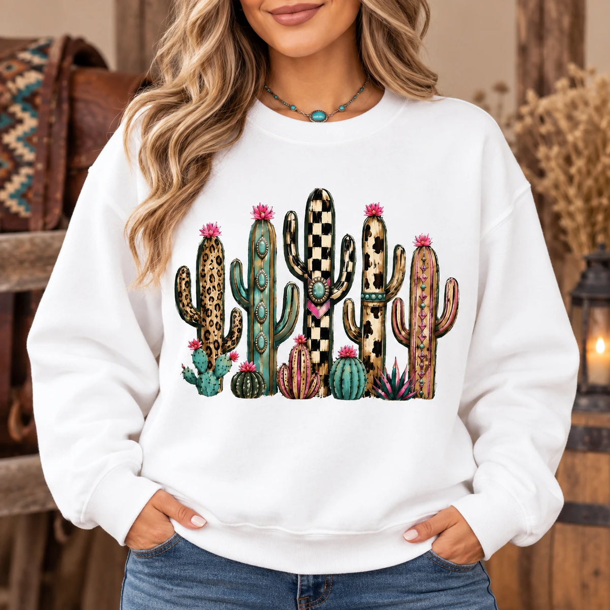 Western Cactus Graphic Crewneck Sweatshirt, Boho Leopard Cow Print Desert Pullover, Country Southwestern Top
