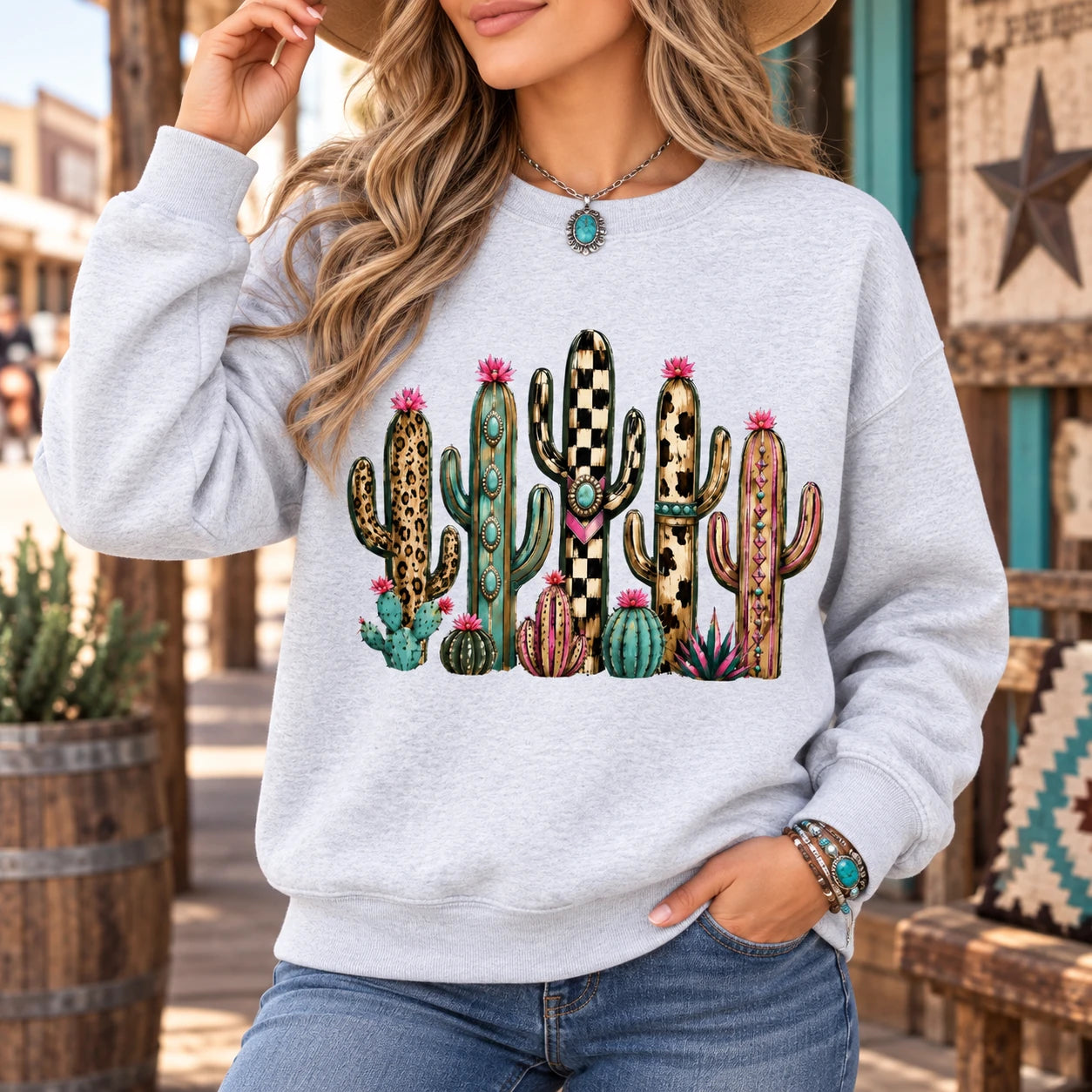 Western Cactus Graphic Crewneck Sweatshirt, Boho Leopard Cow Print Desert Pullover, Country Southwestern Top