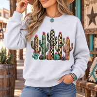 Western Cactus Graphic Crewneck Sweatshirt, Boho Leopard Cow Print Desert Pullover, Country Southwestern Top