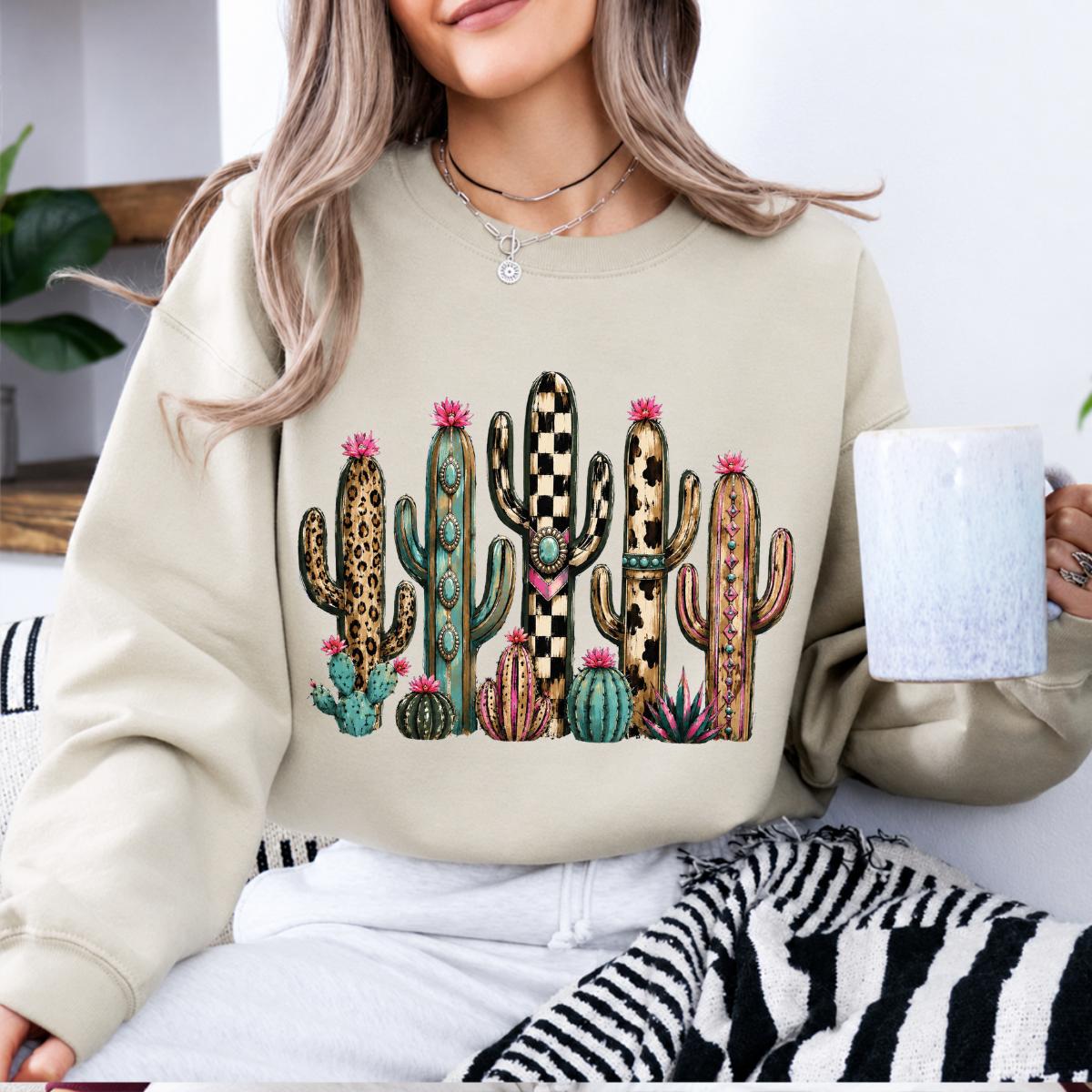 Western Cactus Sweatshirt, Leopard Checkered Cow Print Cactus Graphic Crewneck, Southwestern Desert Pullover for Women, Boho Western Outfit, Cowgirl Cactus Lover Gift