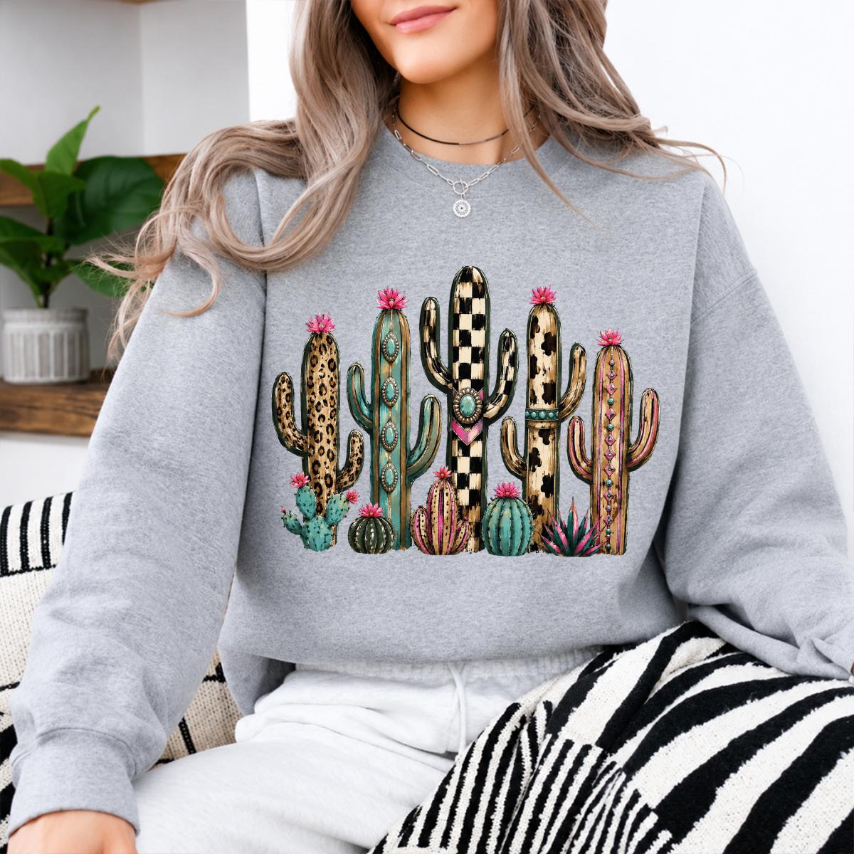 Western Cactus Sweatshirt, Leopard Checkered Cow Print Cactus Graphic Crewneck, Southwestern Desert Pullover for Women, Boho Western Outfit, Cowgirl Cactus Lover Gift