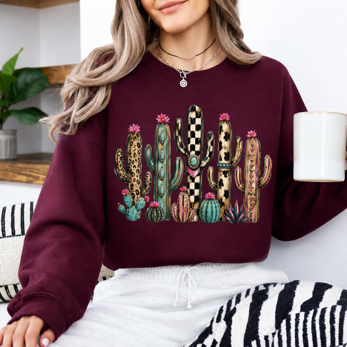 Western Cactus Sweatshirt, Leopard Checkered Cow Print Cactus Graphic Crewneck, Southwestern Desert Pullover for Women, Boho Western Outfit, Cowgirl Cactus Lover Gift
