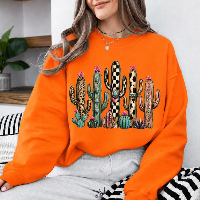 Western Cactus Sweatshirt, Leopard Checkered Cow Print Cactus Graphic Crewneck, Southwestern Desert Pullover for Women, Boho Western Outfit, Cowgirl Cactus Lover Gift