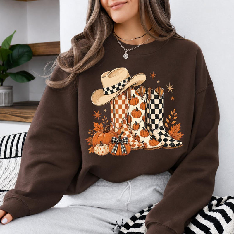 Western Fall Pumpkin Boots Sweatshirt, Rustic Country Autumn Thanksgiving Gift for Women