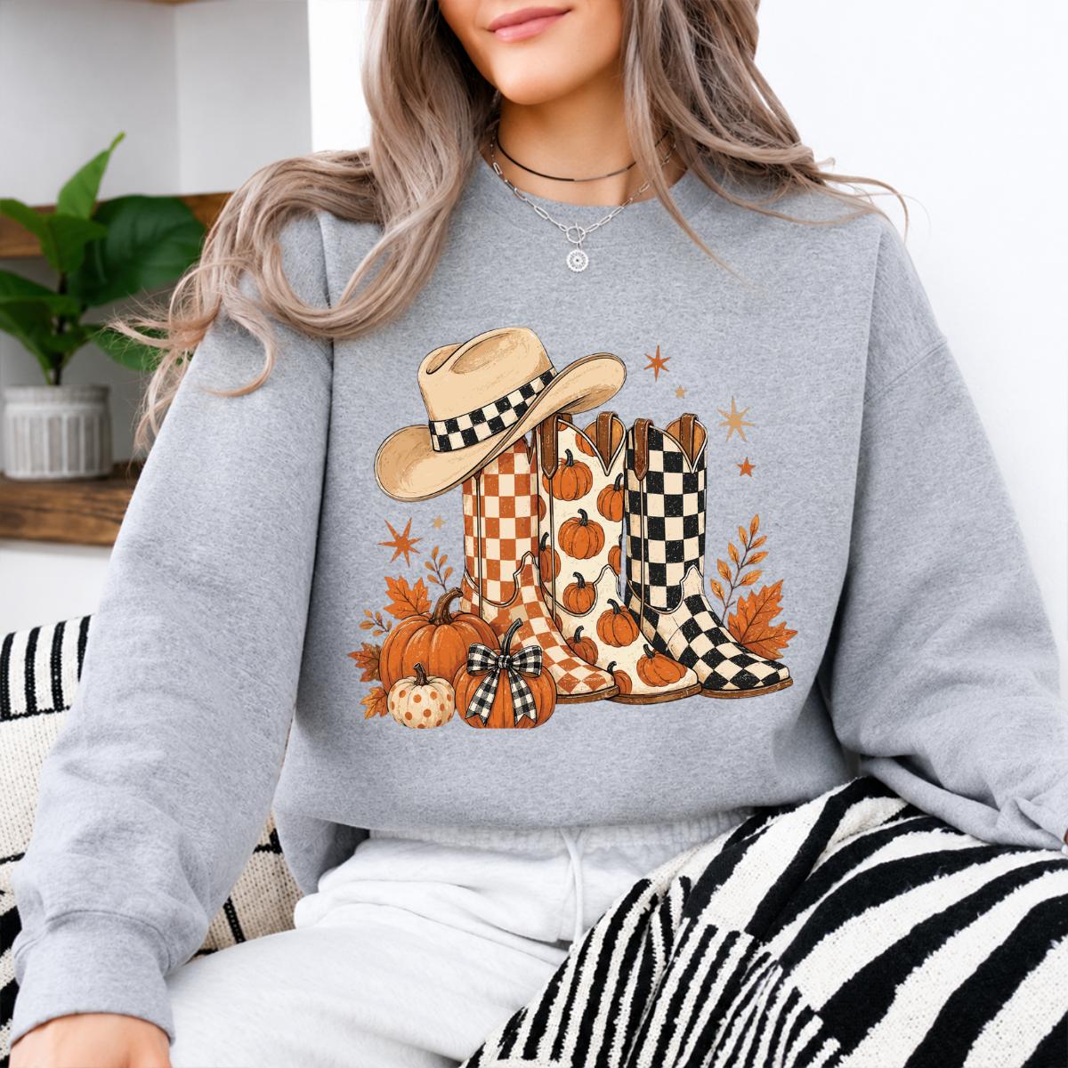 Western Fall Pumpkin Boots Sweatshirt, Rustic Country Autumn Thanksgiving Gift for Women
