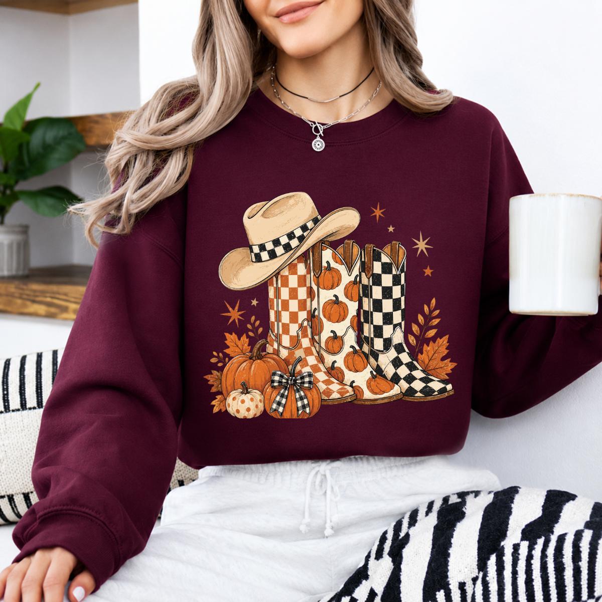 Western Fall Pumpkin Boots Sweatshirt, Rustic Country Autumn Thanksgiving Gift for Women