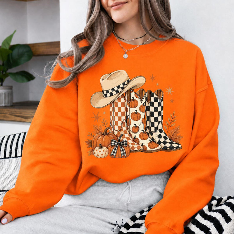 Western Fall Pumpkin Boots Sweatshirt, Rustic Country Autumn Thanksgiving Gift for Women
