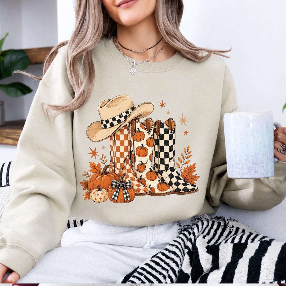 Western Fall Pumpkin Boots Sweatshirt, Rustic Country Autumn Thanksgiving Gift for Women