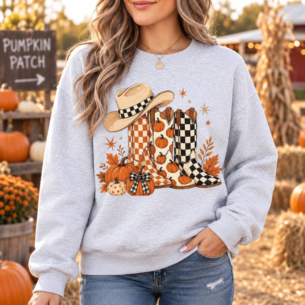 Western Fall Pumpkin Sweatshirt, Cowgirl Boots Autumn Graphic Crewneck, Rustic Country Thanksgiving Pullover for Women