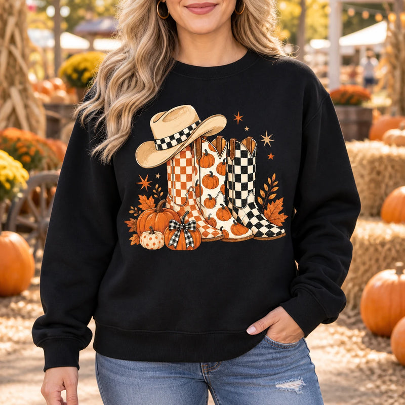 Western Fall Pumpkin Sweatshirt, Cowgirl Boots Autumn Graphic Crewneck, Rustic Country Thanksgiving Pullover for Women
