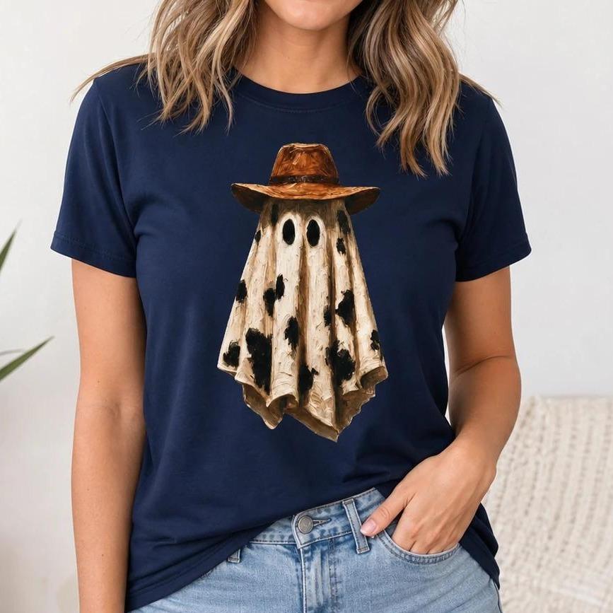 Western Ghost T-Shirt Cow Print Cowboy Ghost Spooky Season Women Country Retro