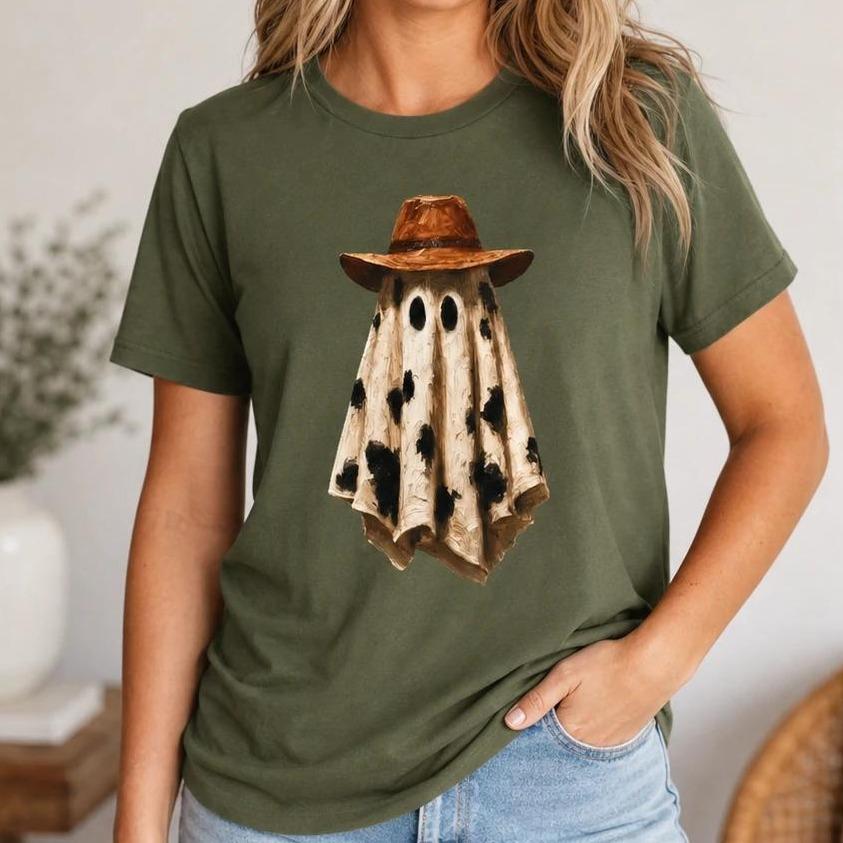 Western Ghost T-Shirt Cow Print Cowboy Ghost Spooky Season Women Country Retro