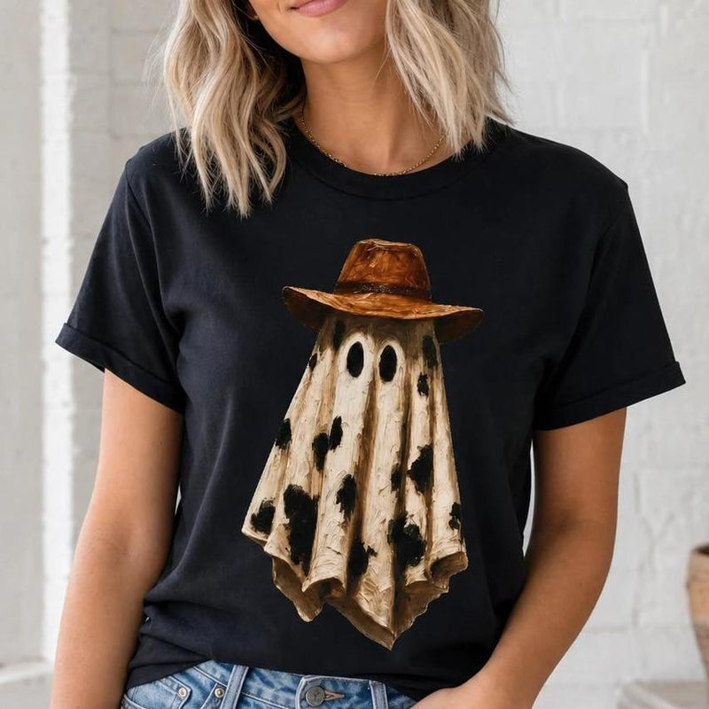 Western Ghost T-Shirt Cow Print Cowboy Ghost Spooky Season Women Country Retro