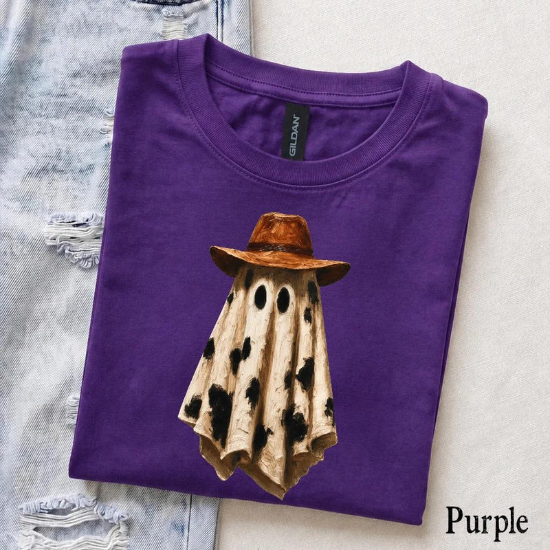 Western Ghost T-Shirt Cow Print Cowboy Ghost Spooky Season Women Country Retro