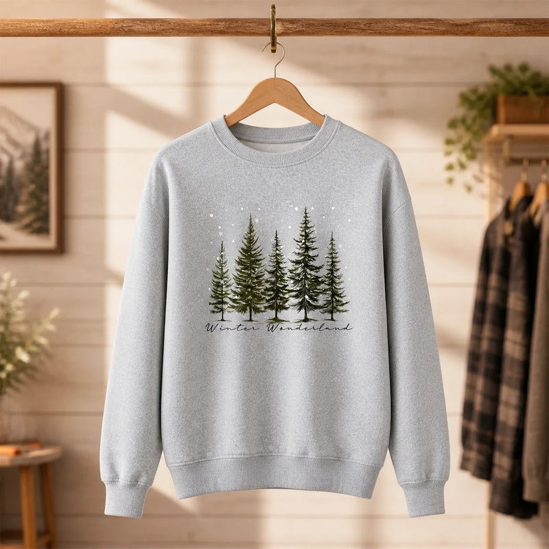 Winter Wonderland Evergreen Christmas Sweatshirt, Pine Tree Winter Holiday for Women, Minimal Woodland Design
