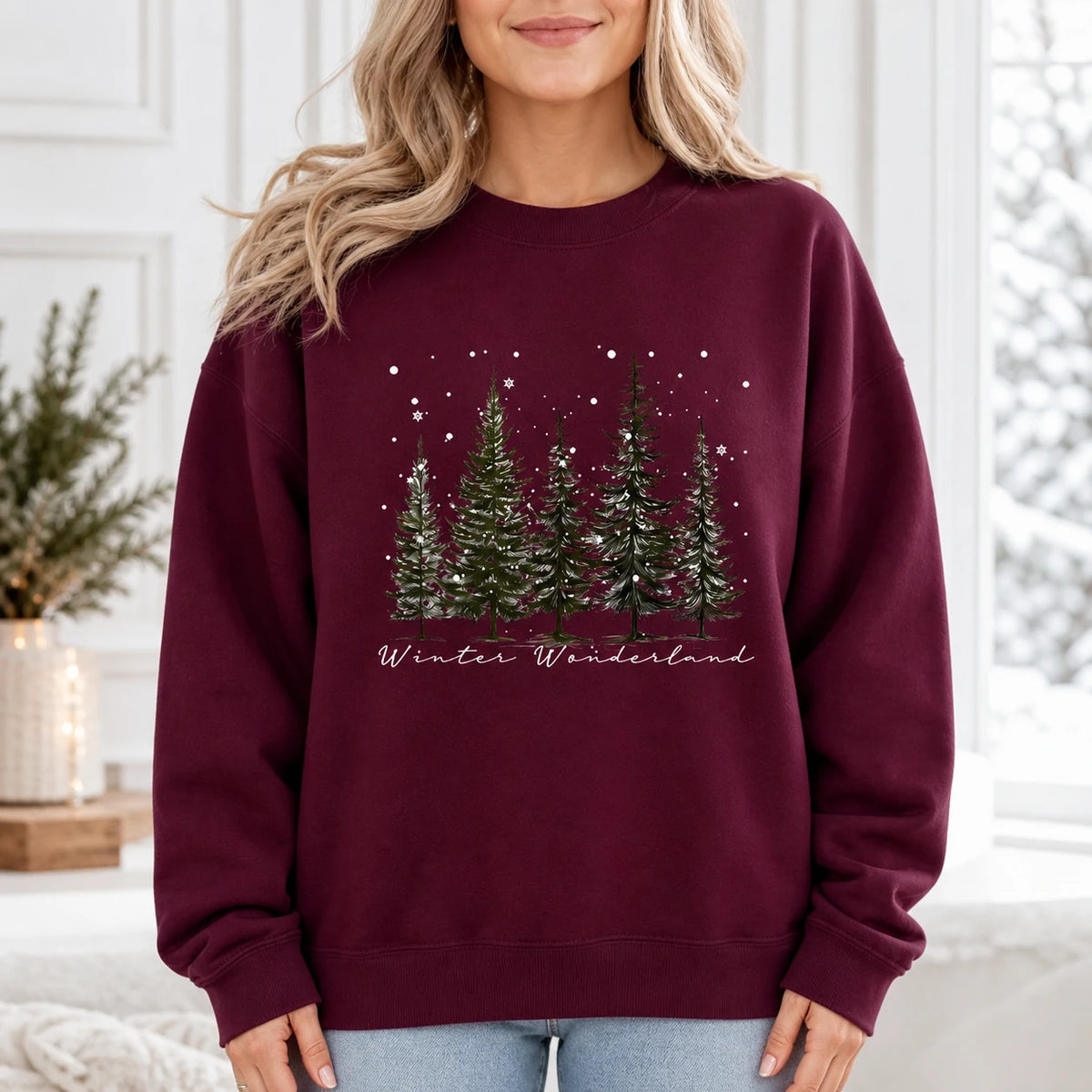 Winter Wonderland Evergreen Christmas Sweatshirt, Pine Tree Winter Holiday for Women, Minimal Woodland Design