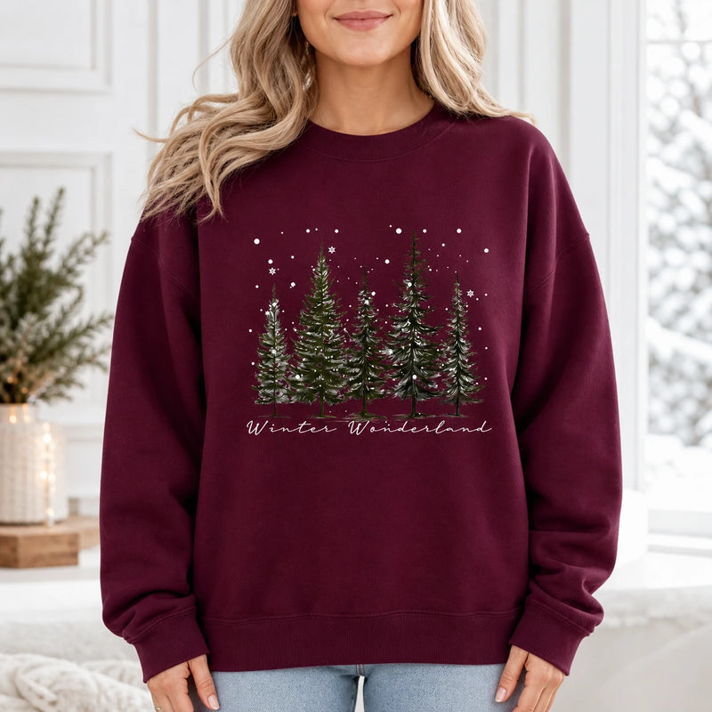 Winter Wonderland Evergreen Christmas Sweatshirt, Pine Tree Winter Holiday for Women, Minimal Woodland Design