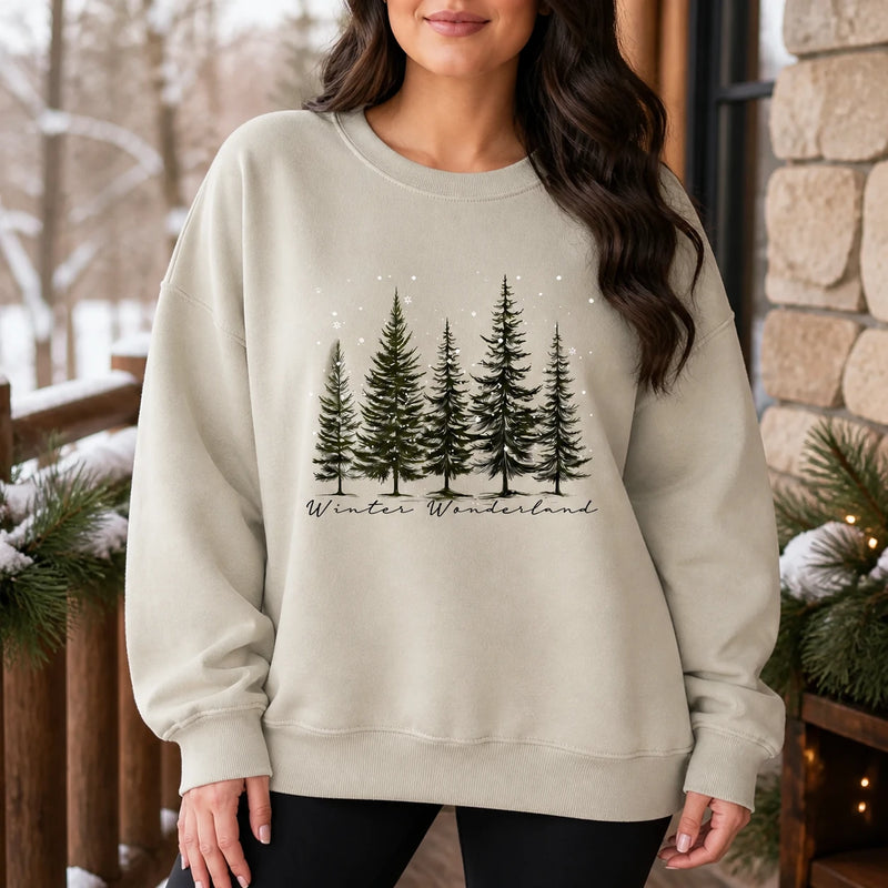 Winter Wonderland Evergreen Christmas Sweatshirt, Pine Tree Winter Holiday for Women, Minimal Woodland Design