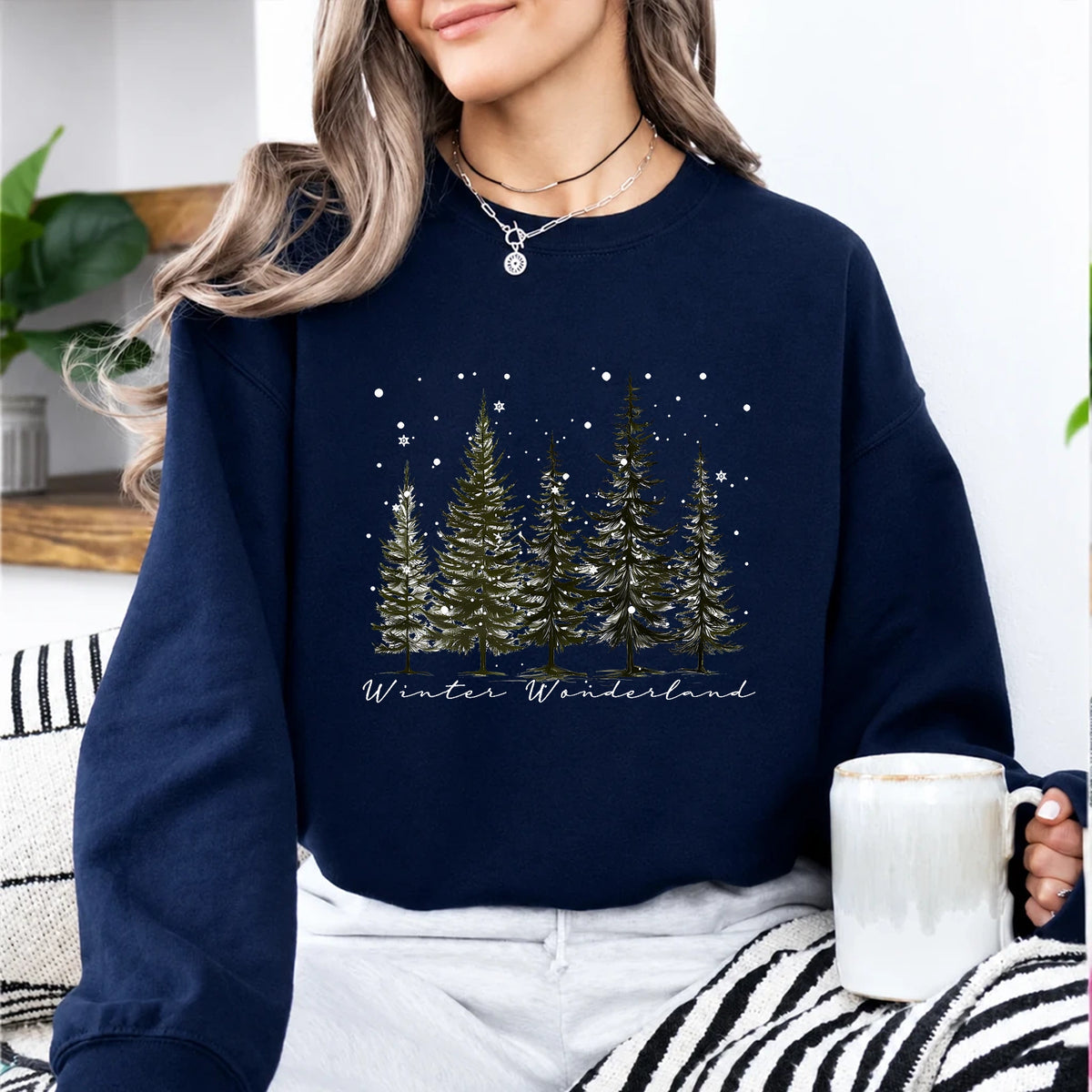 Winter Wonderland Sweatshirt, Winter Wonderland Pine Trees, Winter Holiday Women Minimalist Woodland Design