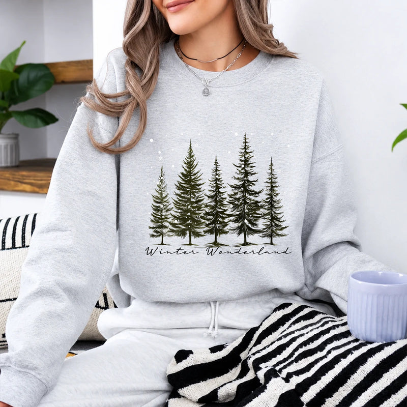 Winter Wonderland Sweatshirt, Winter Wonderland Pine Trees, Winter Holiday Women Minimalist Woodland Design