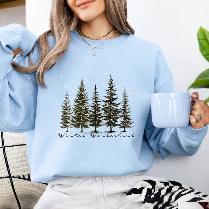 Winter Wonderland Sweatshirt, Winter Wonderland Pine Trees, Winter Holiday Women Minimalist Woodland Design