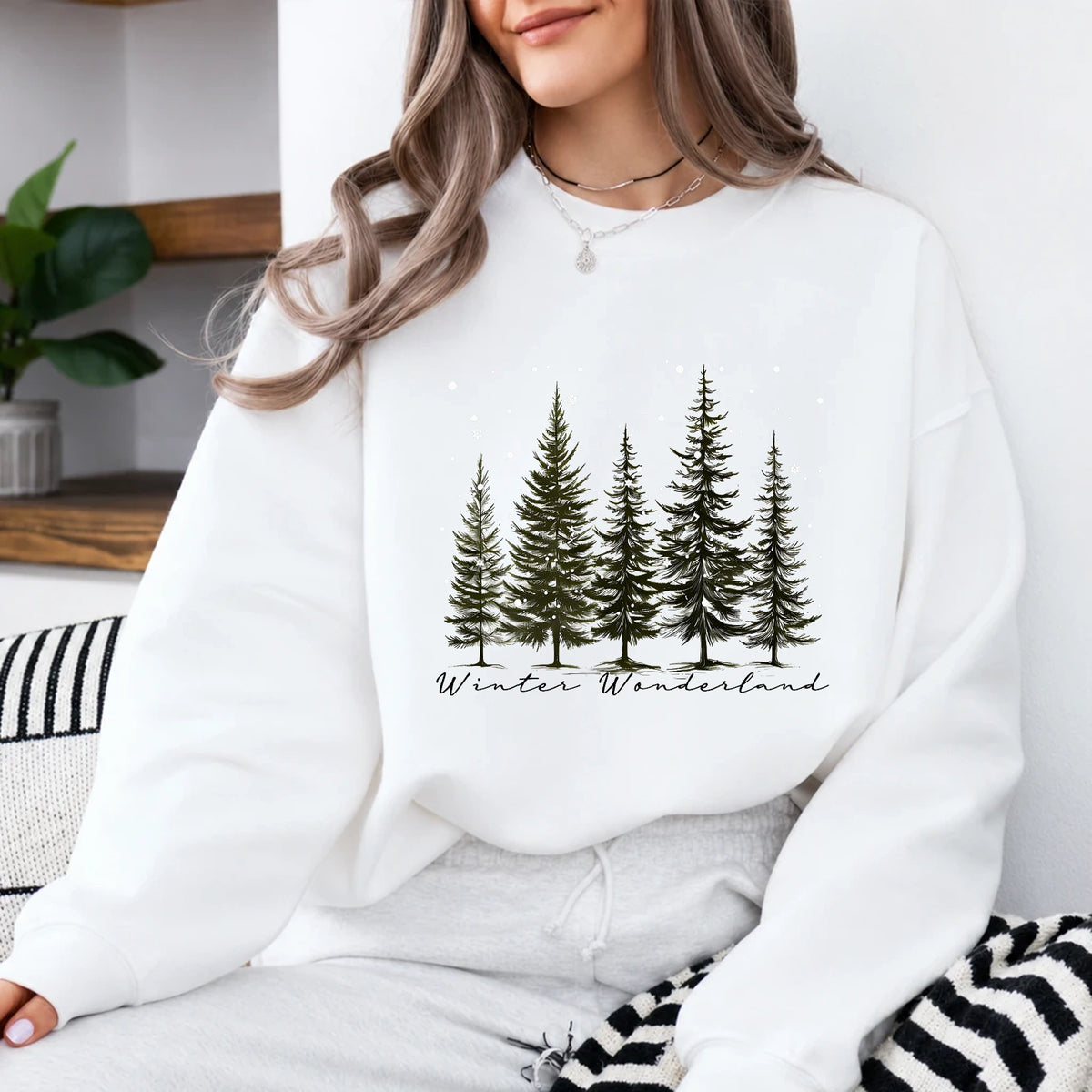 Winter Wonderland Sweatshirt, Winter Wonderland Pine Trees, Winter Holiday Women Minimalist Woodland Design