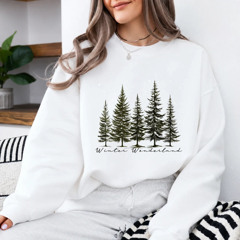 Winter Wonderland Sweatshirt, Winter Wonderland Pine Trees, Winter Holiday Women Minimalist Woodland Design