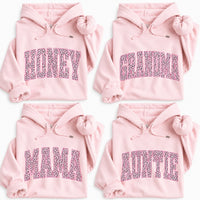 Women's Casual Personalized Leopard Animal Print Hoodie - Custom Family Nickname Option (Mama, Auntie, Mimi, Gigi, Mom Text), Birthday Style Gift for Grandmas