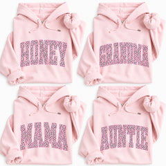 Women's Casual Personalized Leopard Animal Print Hoodie - Custom Family Nickname Option (Mama, Auntie, Mimi, Gigi, Mom Text), Birthday Style Gift for Grandmas
