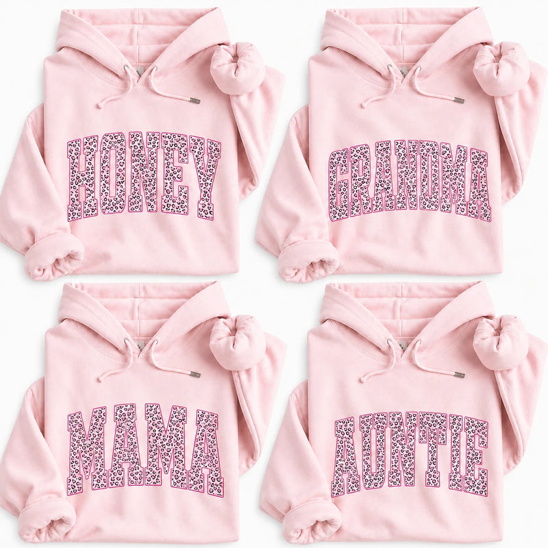 Women's Casual Personalized Leopard Animal Print Hoodie - Custom Family Nickname Option (Mama, Auntie, Mimi, Gigi, Mom Text), Birthday Style Gift for Grandmas