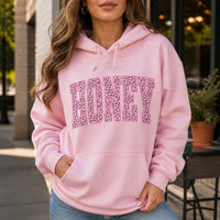 Women's Casual Personalized Leopard Animal Print Hoodie - Custom Family Nickname Option (Mama, Auntie, Mimi, Gigi, Mom Text), Birthday Style Gift for Grandmas