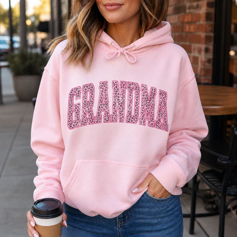 Women's Casual Personalized Leopard Animal Print Hoodie - Custom Family Nickname Option (Mama, Auntie, Mimi, Gigi, Mom Text), Birthday Style Gift for Grandmas