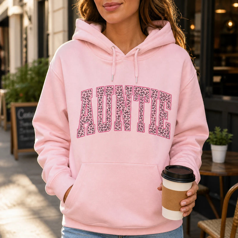 Women's Casual Personalized Leopard Animal Print Hoodie - Custom Family Nickname Option (Mama, Auntie, Mimi, Gigi, Mom Text), Birthday Style Gift for Grandmas